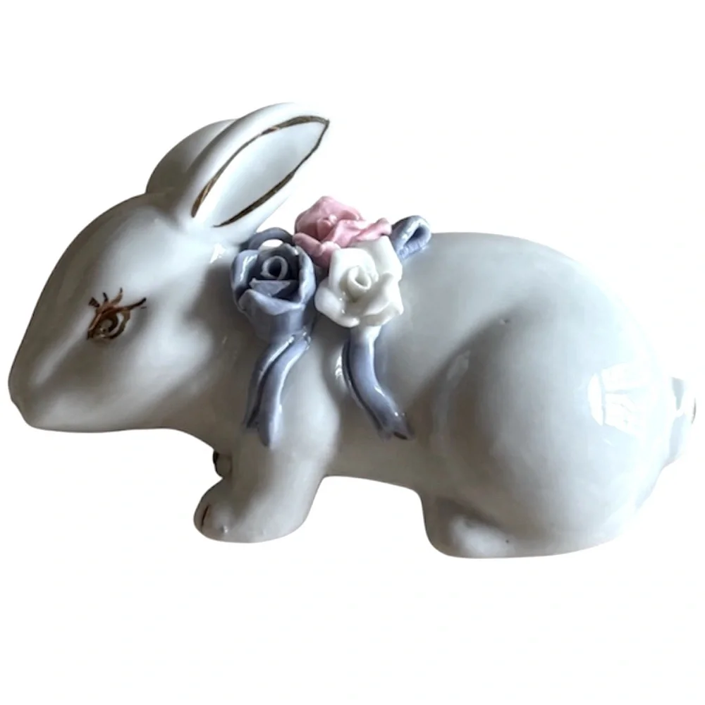 Vintage Porcelain Bunny Floral Rose Bow Cottage Core Farmhouse Mid Century White